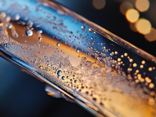Poster - Close-up of a glass surface with shimmering droplets, showcasing a blend of colors and reflections.