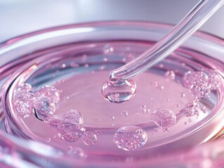 Poster - A close-up of a glass pipette dropping liquid into a pink water surface, creating bubbles and ripples.