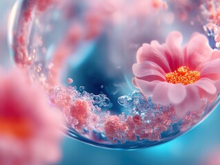 Poster - Close-up of a delicate pink flower surrounded by bubbles in a crystal-clear sphere.