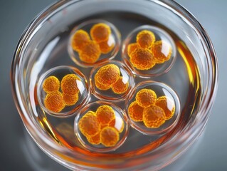 Poster - Five vibrant, orange spherical bubbles floating in clear liquid, creating a striking visual effect.