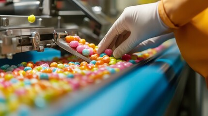 Poster - In a modern food production facility, a worker carefully sorts colorful candy using advanced AI technology. The vibrant candies move along the conveyor, showcasing the efficient sorting process.