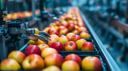 Poster - A busy food production line showcases artificial intelligence technology sorting and handling fresh apples. Robotic arms carefully pick and arrange the apples in crates for efficient distribution.