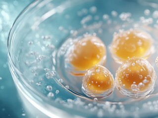 Poster - Close-up of four golden spheres in a glass dish, surrounded by tiny bubbles, creating an ethereal feel.