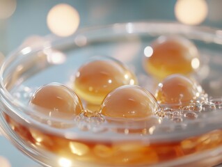 Poster - Close-up of golden gel-like bubbles in a glass dish with soft bokeh background.