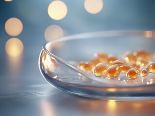 Poster - Close-up of vibrant amber gel drops in a glass dish, creating a warm and inviting atmosphere.