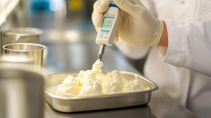 Aufkleber - A worker in a food production facility applies ai technology to create whipped cream in a tray. The environment is clean and designed for efficient food processing. Gloves ensure hygiene.