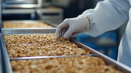 Poster - A worker in a sterile white coat and gloves inspects a tray of granola on a food production line. The well-organized setting highlights the use of ai in automating food processing.