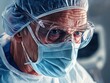 © Espresso - An elderly Caucasian male surgeon focused during a procedure, wearing goggles and a surgical mask.