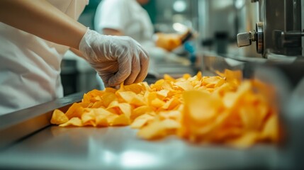 Poster - Workers use cutting-edge ai technology on a food production line, meticulously sorting fresh produce. The focus is on ensuring quality and precision during the processing phase in a busy facility.