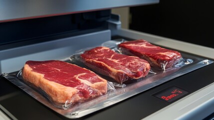 Aufkleber - High-tech food production line showcases sealed meat cuts ready for cooking, benefiting from artificial intelligence integration for enhanced efficiency and quality in food handling and preparation.