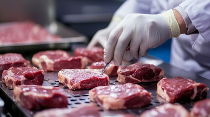 Aufkleber - In a food production facility, a worker in protective attire uses tools to inspect and prepare meat cuts on a production line.