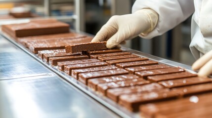 Poster - A worker in a white coat and gloves meticulously arranges freshly made chocolate bars on a stainless steel production line. The factory setting is clean and organized, emphasizing quality control.