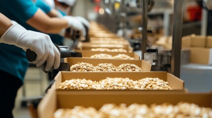 Fototapete - Workers are actively packing food items on a production line enhanced by artificial intelligence.