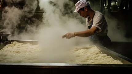 Aufkleber - A chef skillfully manages a large production line, preparing fresh noodles. Steam fills the air as he stirs and monitors the cooking process, showcasing the busy activity of a kitchen environment.