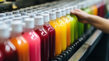 Poster - Brightly colored bottles of juice are neatly arranged on a production line. A worker inspects the bottles, ensuring quality and consistency.