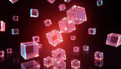 Poster - glowing glass cubes float in dark space, creating an abstract, futuristic scene. perfect for tech, i