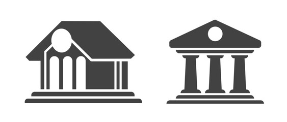 Poster - Bank building icon simple vector pictogram minimal graphic modern illustration design, government court house office museum sign symbol solid set, 3d black white courthouse law isolated image clip art