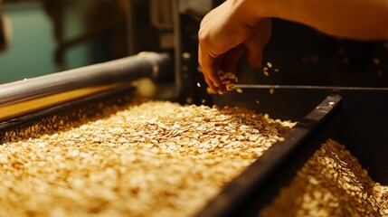Poster - Hands carefully sort through piles of oats on a production line in a food processing facility, ensuring quality and uniformity during production.
