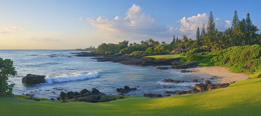 Wall Mural - Scenic Coastal Paradise With Palm Trees, Tranquil Waters, And Lush Green Grass Under A Blue Sky