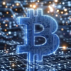 Poster - Illuminated bitcoin symbol represents cryptocurrency and digital finance, set against a network backdrop.