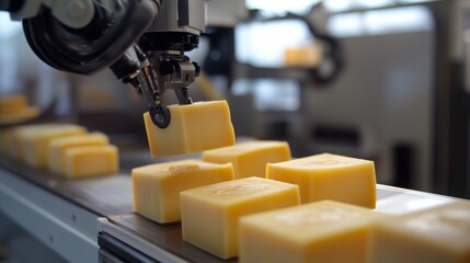 Leinwandbilder - Robotic arms equipped with ai technology maneuver cheese blocks efficiently along a production line in a food processing facility. This modern system enhances productivity and consistency.