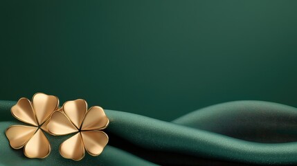 Poster - St. Patrick's Day Background Concept, Abstract Glowing Gold Clovers Layered Over Deep Green Fabric Background