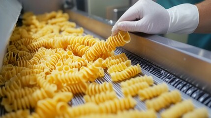 Poster - Pasta is being processed on an automated production line where ai technology ensures quality and efficiency. Workers monitor the process, handling freshly made pasta at a busy facility.