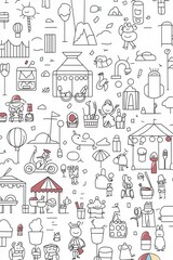 A festive carnival coloring book illustration with a parade of performers in colorful costumes, confetti flying through the air, and children enjoying games. Add details like food stalls and 
