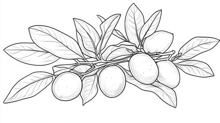 Wall Mural - Olive Branch Line Art Illustration, Black and White Vector Drawing for Coloring Books and Designs