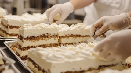 Poster - In a bustling baking facility, skilled hands carefully slice cakes layered with cream and filling.
