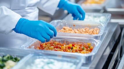 Poster - Workers in protective gear prepare colorful vegetable and protein dishes in transparent containers on a busy food production line. The process emphasizes speed and precision through technology.