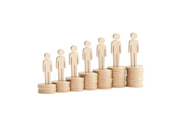 Poster - Wooden figurines arranged in ascending order on stacks of coins, symbolizing growth, progress, and financial success.