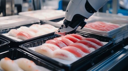 Aufkleber - Advanced robotic technology is at work as it meticulously places sushi and sashimi in trays, enhancing efficiency in food production.