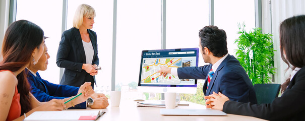 Poster - Online real estate rental search snugly on computer. House home or apartment rental website online.