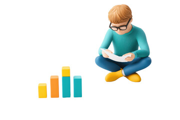 Fototapete - A young boy in glasses sits, reading a document while analyzing colorful bar graphs.