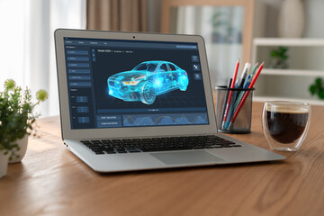 Poster - electric car design software on computer screen showing simulation blueprint snugly by digital calcu