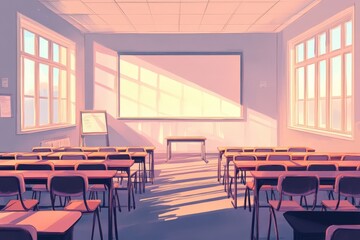 Canvas Print - Sunlit Classroom Empty Desks Awaiting Students