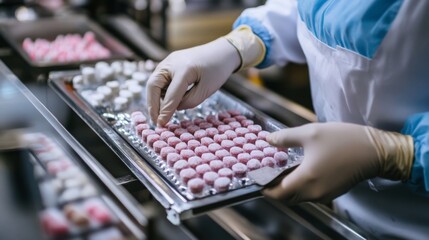 Poster - In a modern manufacturing facility, a worker delicately places soft candy on a production tray.