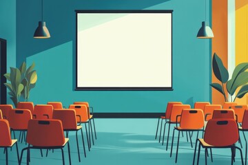 Canvas Print - Empty Meeting Room With Blank Projection Screen And Orange Chairs