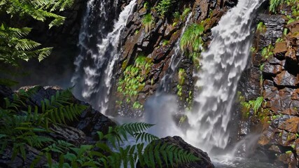 Aufkleber - Explore a tranquil waterfall surrounded by lush greenery in a serene outdoor setting