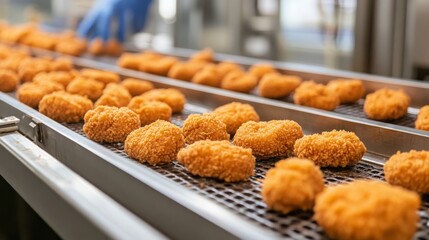 Leinwandbilder - A production line is seen processing crispy food items, with a worker in blue gloves carefully overseeing the operation. The setting highlights efficiency in food preparation and quality control.