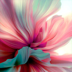 Leinwandbilder - A blooming flower with wavy gradient petals creates a fluid effect. Smooth transitions between shades of pink, peach and watercolor blue emphasize the lightness and organic nature of the design