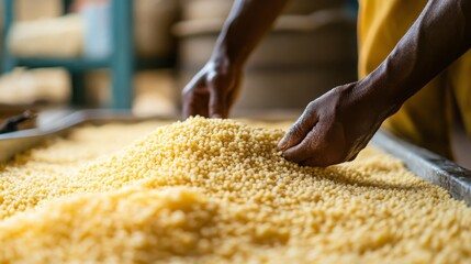 Poster - Individuals are meticulously sorting and handling small granules of food on a production line. The environment is busy and organized, focused on efficient food processing and quality control.
