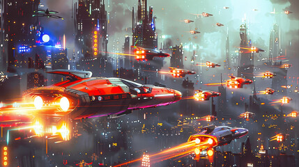 Poster - Futuristic Flying Car Traffic Amidst Neon Cityscape at Dusk, Digital Art Depicting Advanced Urban Transport Systems and High-Tech Vehicles in a Sci-Fi World