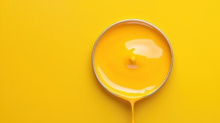 Poster - Mesmerizing macro shot of a bright yellow and orange paint can lid featuring a captivating abstract pattern and reflective metallic surface  The striking geometric design and clean