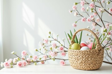 Wall Mural - Woven basket with colorful easter eggs and cherry blossoms in bright sunlight