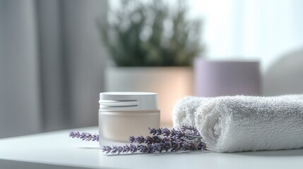 a minimalist scene showcasing a luxurious eye cream in a sleek jar, surrounded by calming elements like lavender and a soft towel. 