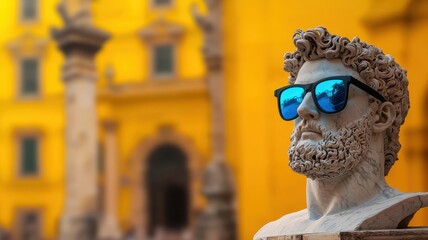 Ancient Greek Concept. A statue wearing sunglasses against a vibrant yellow background.