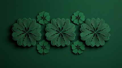 Poster - St. Patrick's Day Background Concept, Intricate Mandala Style Clover Patterns Arranged in Symmetrical Forms on Dark Green Background