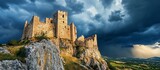 Ruined castle on a rocky hilltop under dramatic storm clouds.